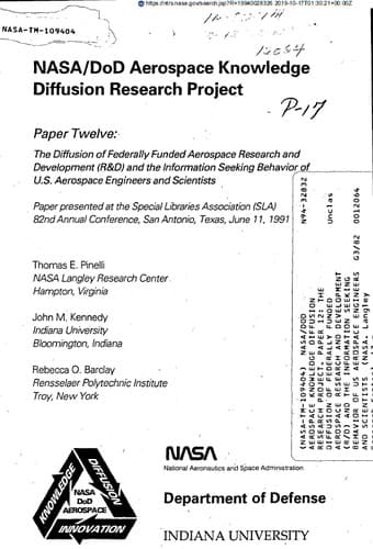 Cover of NASA/DoD aerospace knowledge diffusion research project